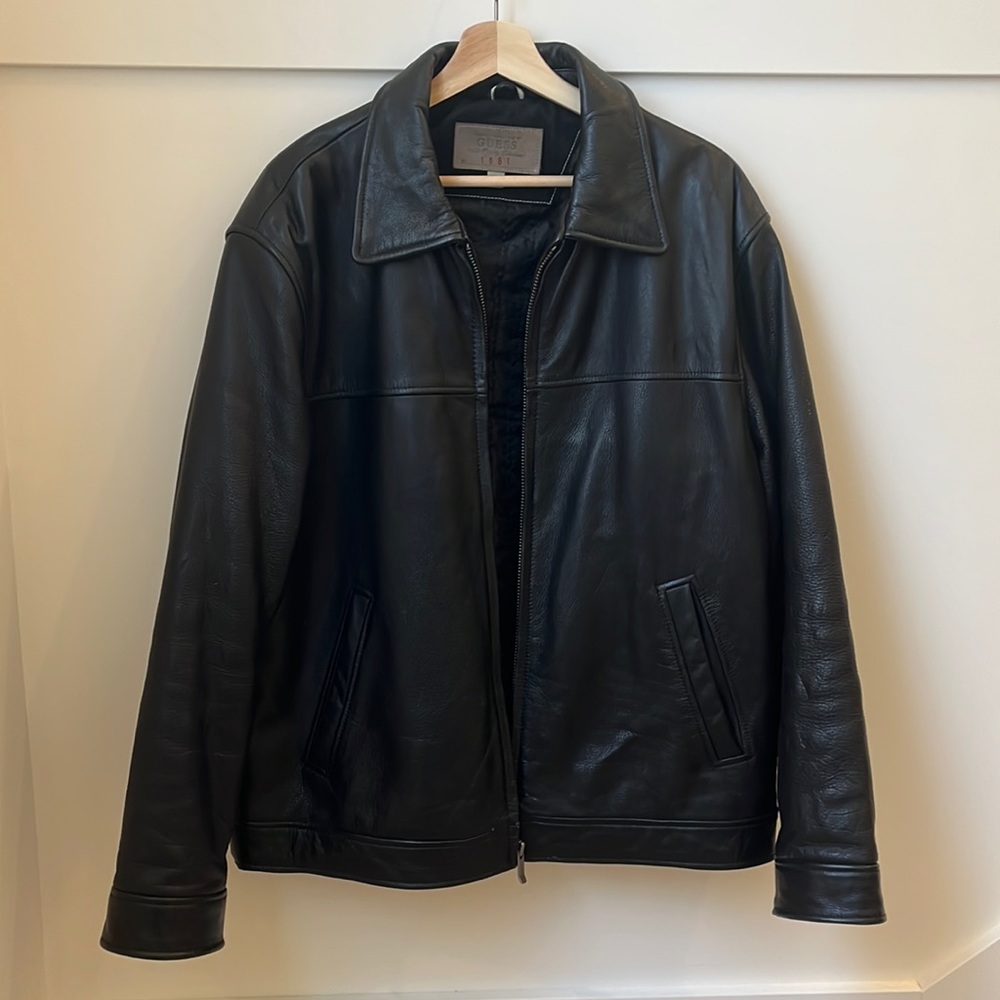 Guess, Black leather jacket, Men’s Large